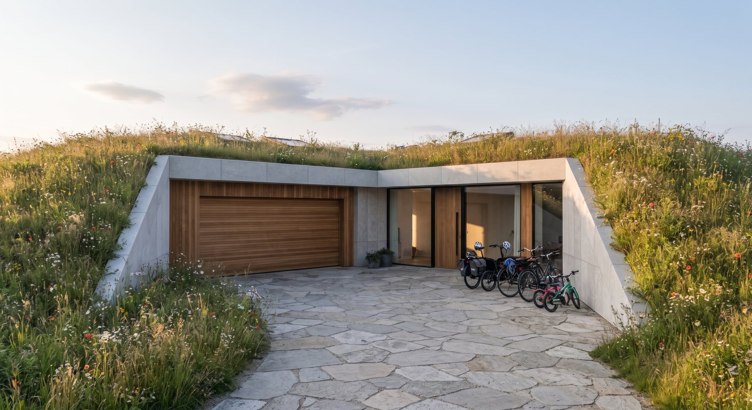 Ankomst til jordhuset med indkørsel af natursten, carport og cykler.