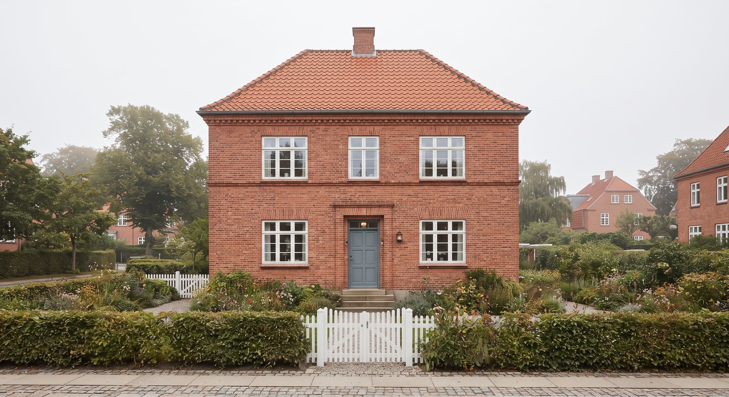 Symmetrisk rødt murstenshus i Bedre Byggeskik-stil med hvid havelåge.