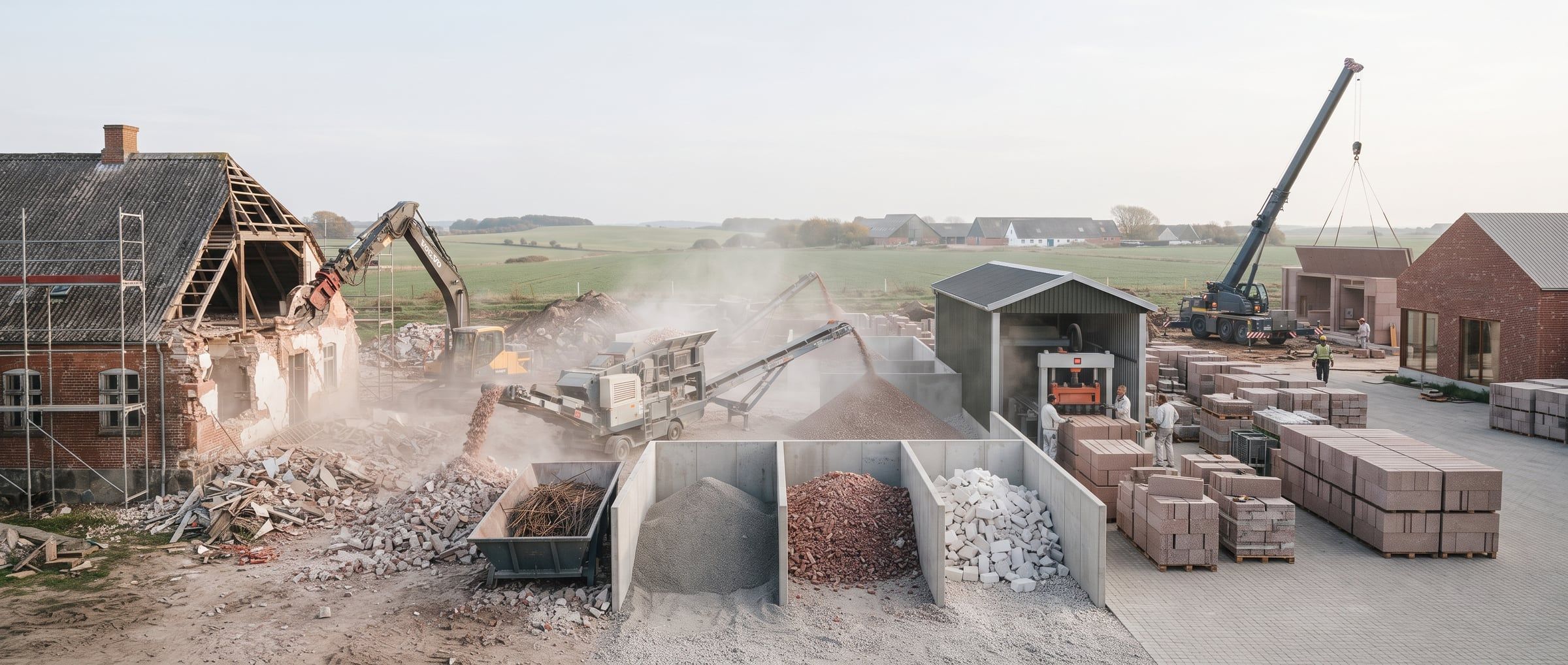 Nedrivning af et murstenshus, hvor materialet knuses og sorteres i bunker af tegl og beton ved siden af paller med nye sten.