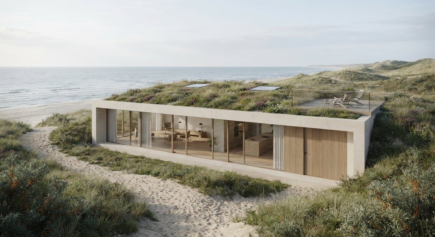 Jordhus i klitterne ved havet med græstag og sti gennem marehalm.
