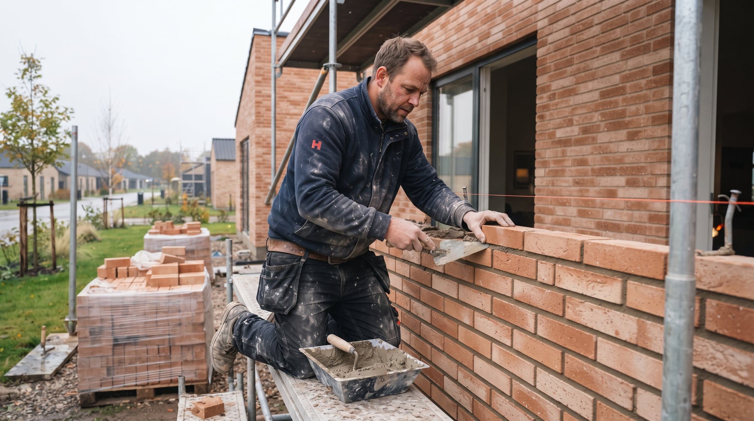 Murer lægger lyse teglsten i en facade på et nyt rækkehus.