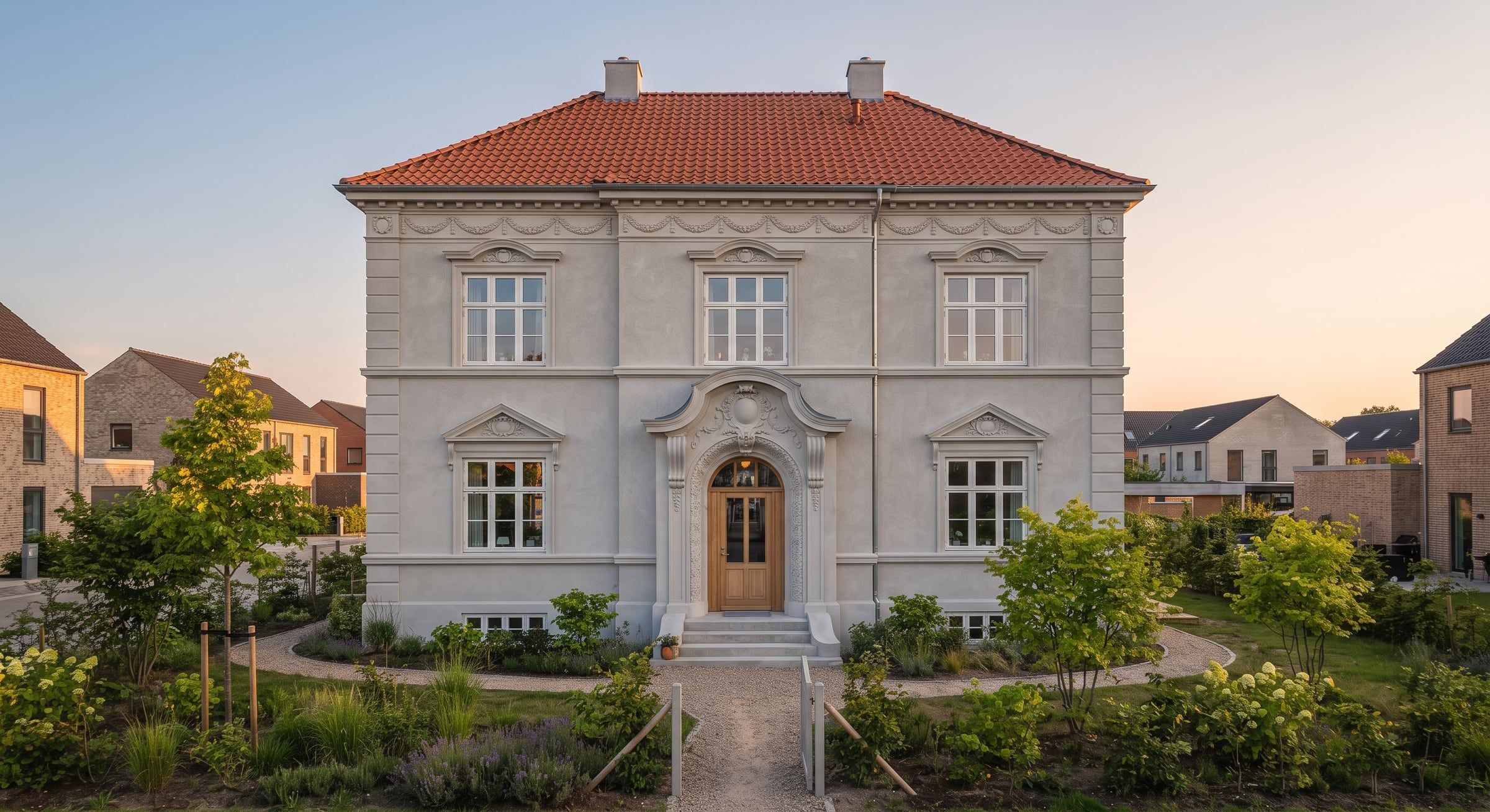 Nyt klassisk hus med lys facade, rødt tegltag og symmetrisk indgangsparti i en have.