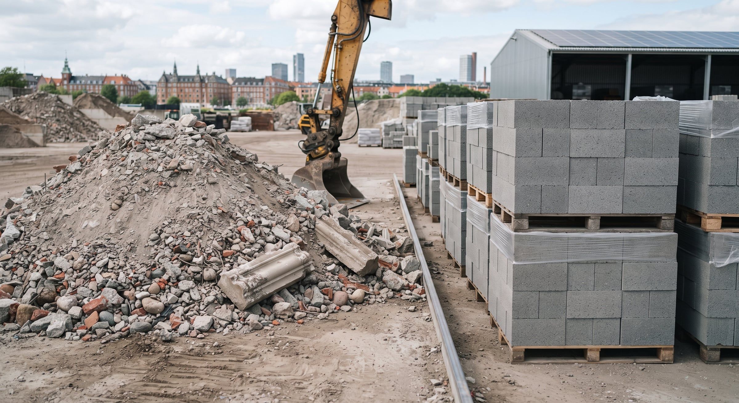 Bunke af knust beton med gravemaskine i baggrunden og paller med grå byggesten.
