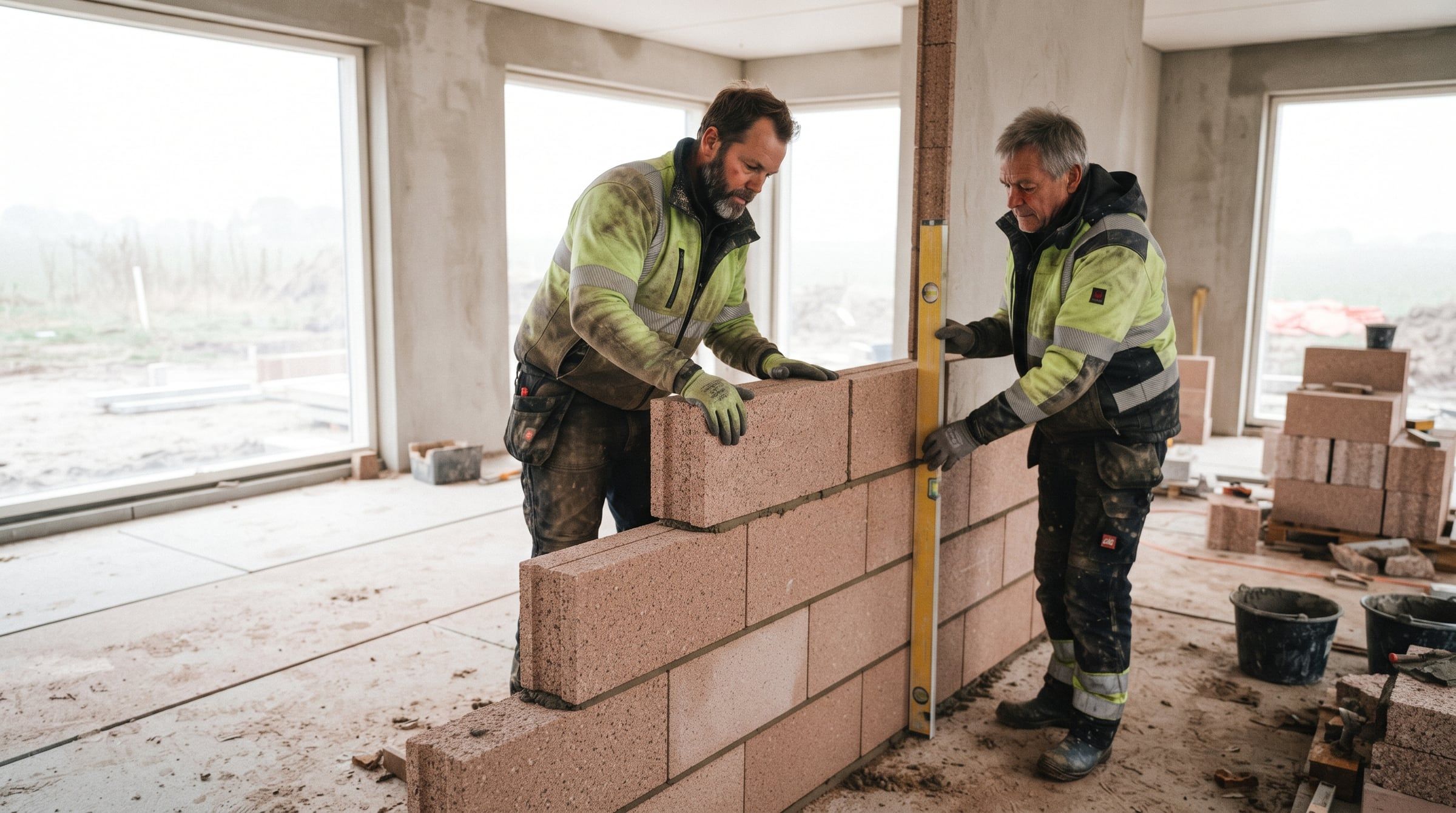 Håndværkere i gule jakker murer vægge af rødlige sten i et hus under opførelse.