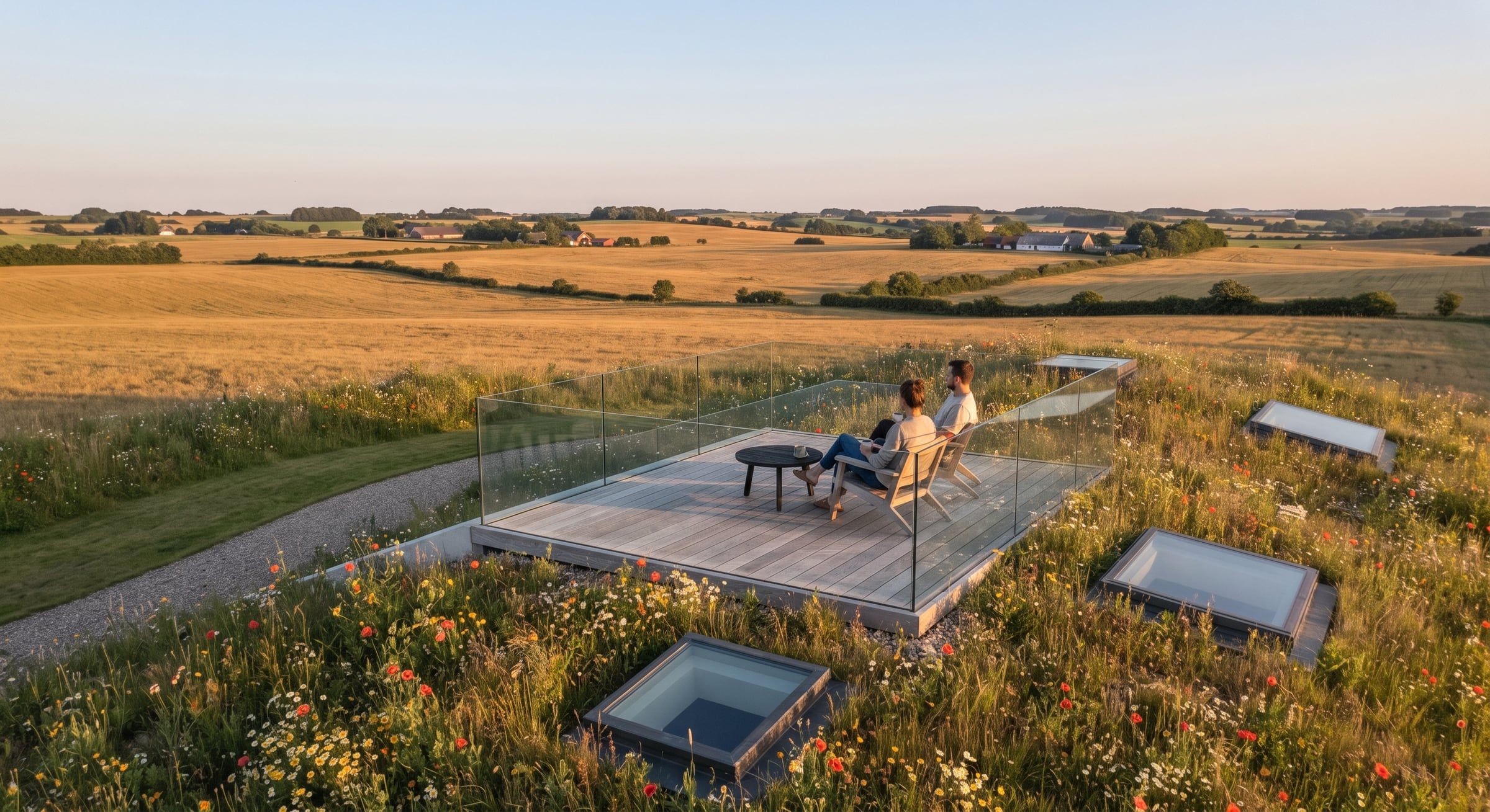 Tagterrasse på græstaget med udsigt over marker i solnedgang.